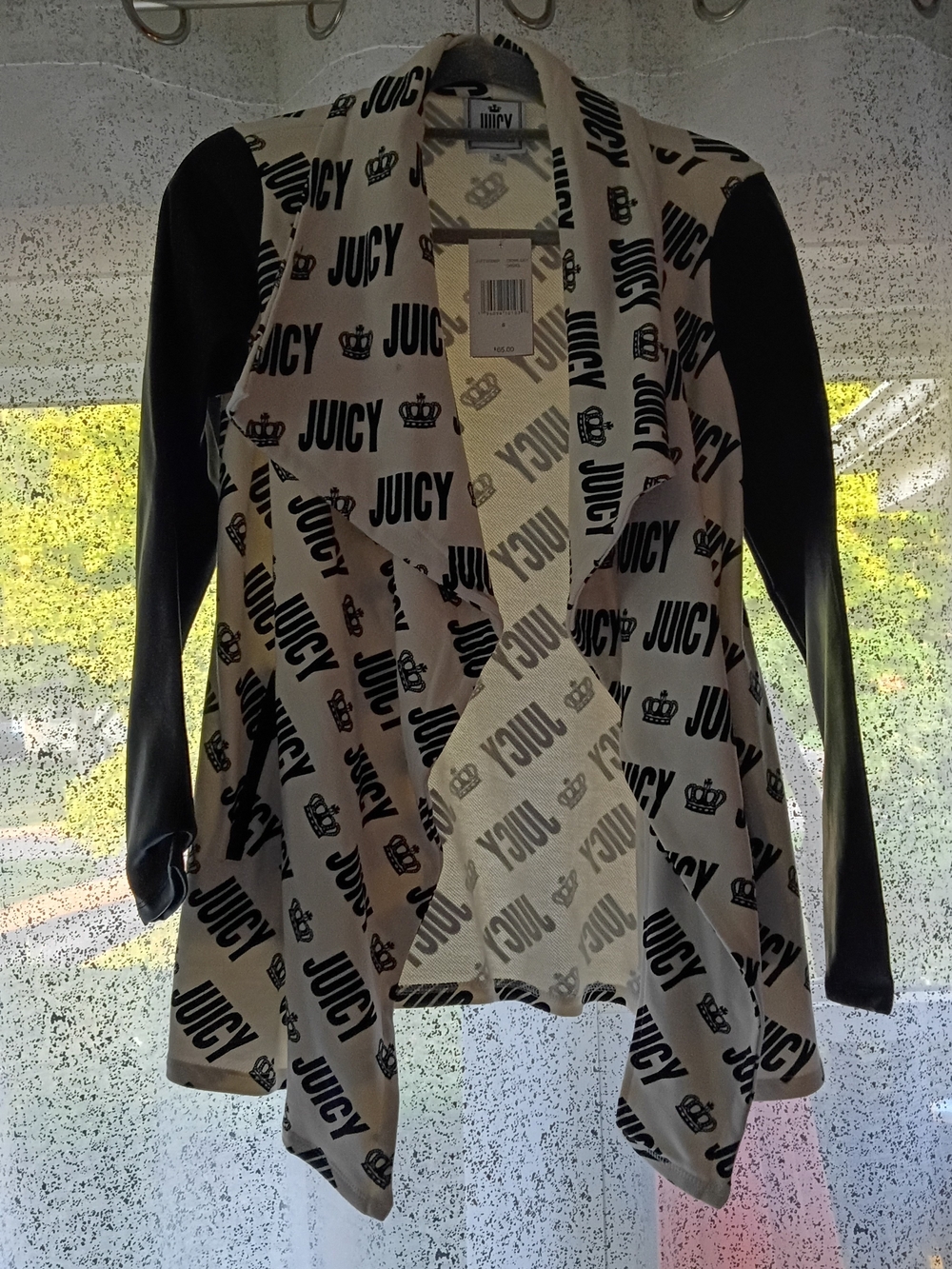 NWT Juicy Couture All Over Print Draped Blazer Jacket Faux Leather Sleeves Small